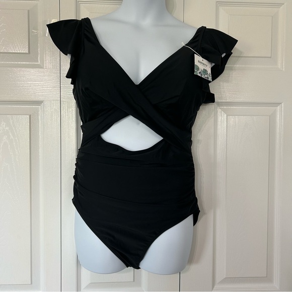 B2PRITY Black One Piece Cut Out V neck Ruffle V back Swim Suit Size 2XL Black - Picture 11 of 12